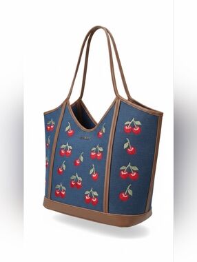 NWT Steve Madden LG  spade navy cherry embroidered tote with brown trim